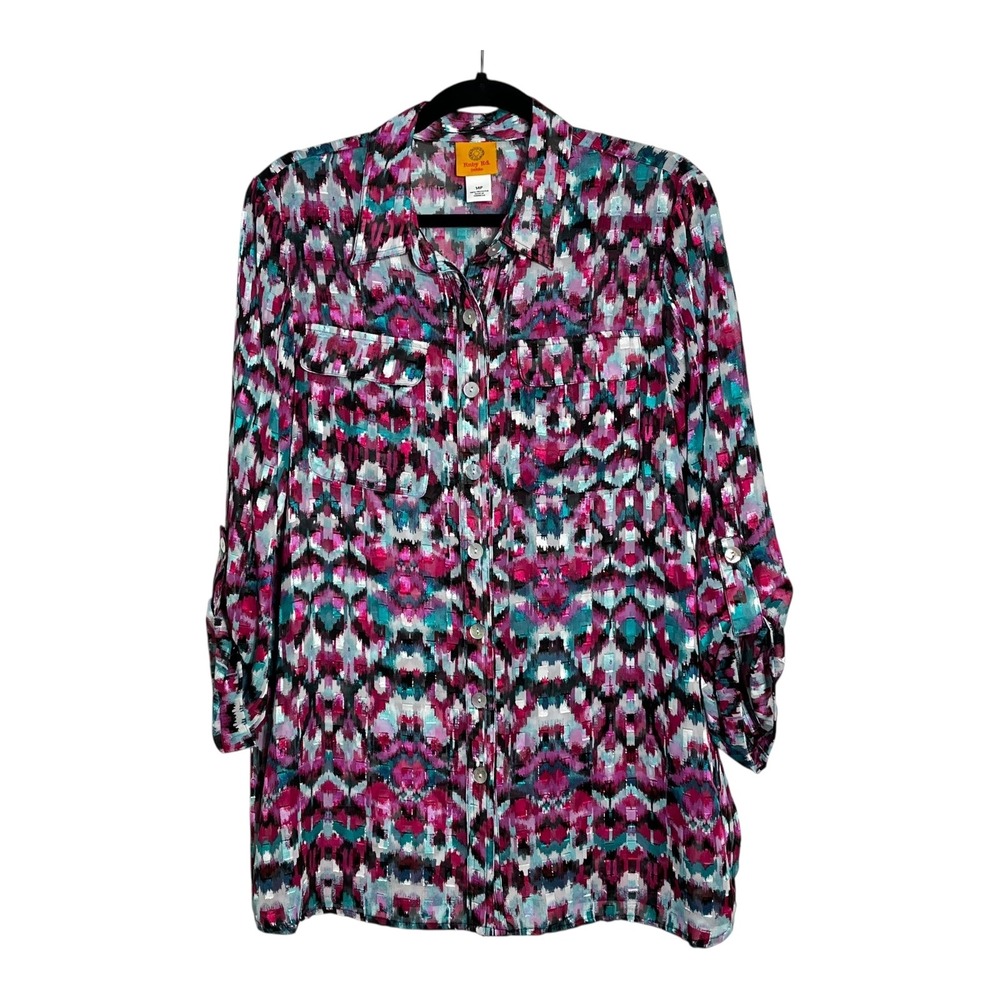 Ruby Rd Petite Abstract Print Button Front Tunic Shirt Women 14P‎